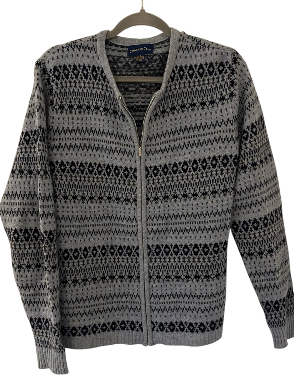 Blue Vintage Charter Club Knit Zip Up Sweater Lambs Wool Women’s Size Large Fit!